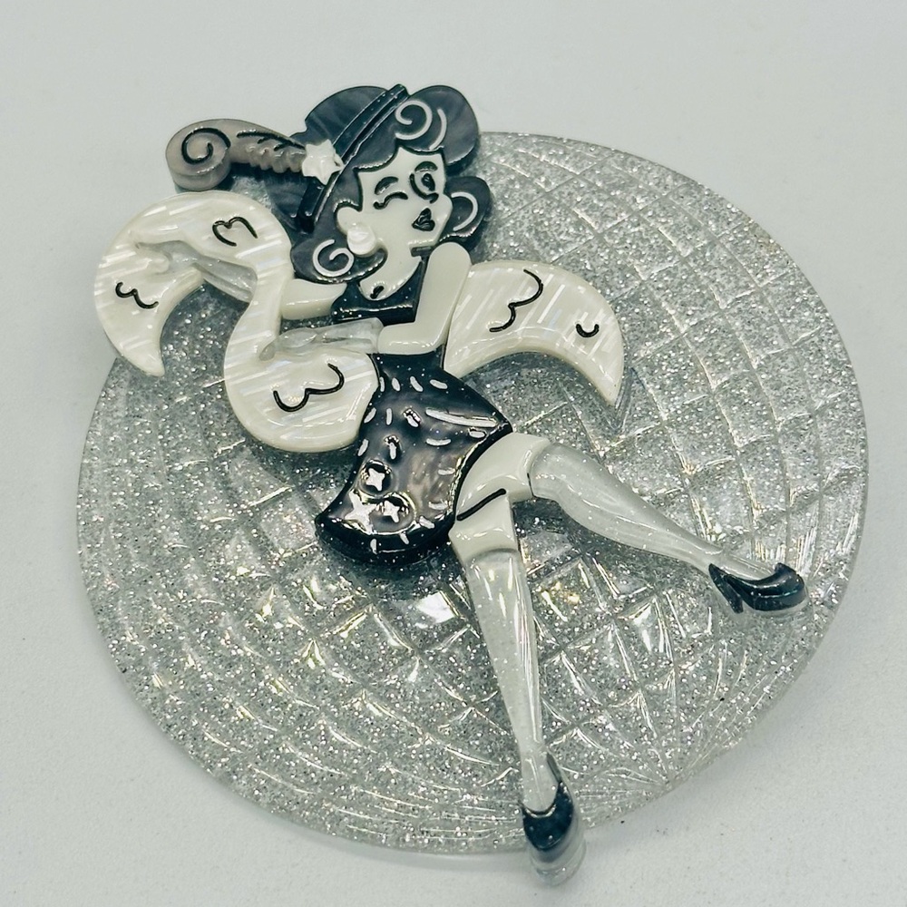 Huge Acrylic Dancer Disco Ball Brooch Pin Silver Glitter Flapper Rockabilly